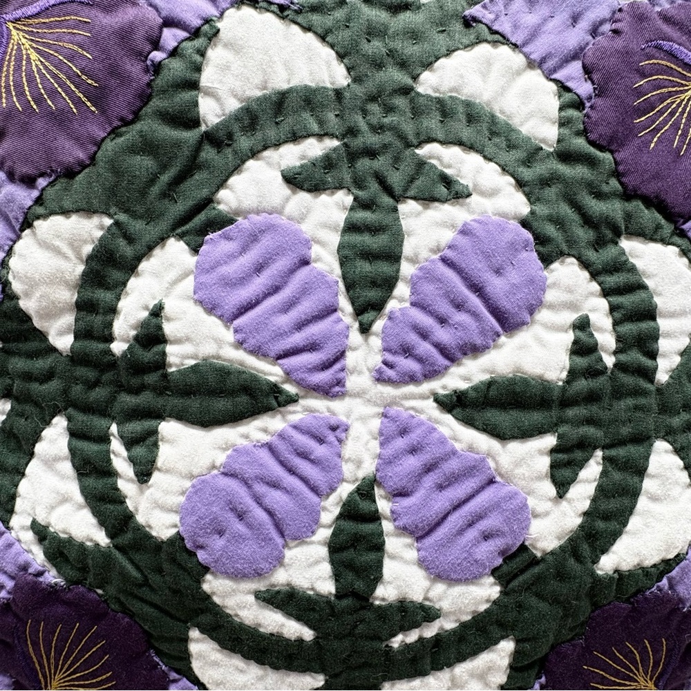 Hand Quilted Exquisite Hawaiian Orchid Pattern Purple Green Pillow